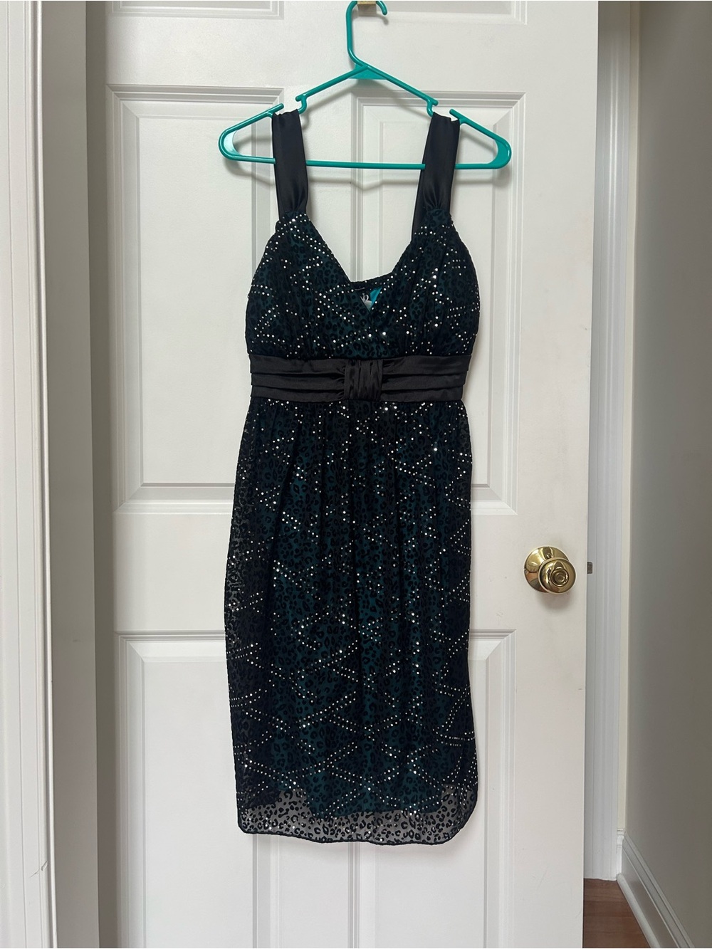 Deb Black with Teal Sequin Dress with Satin Waistband and Cheetah Animal Print